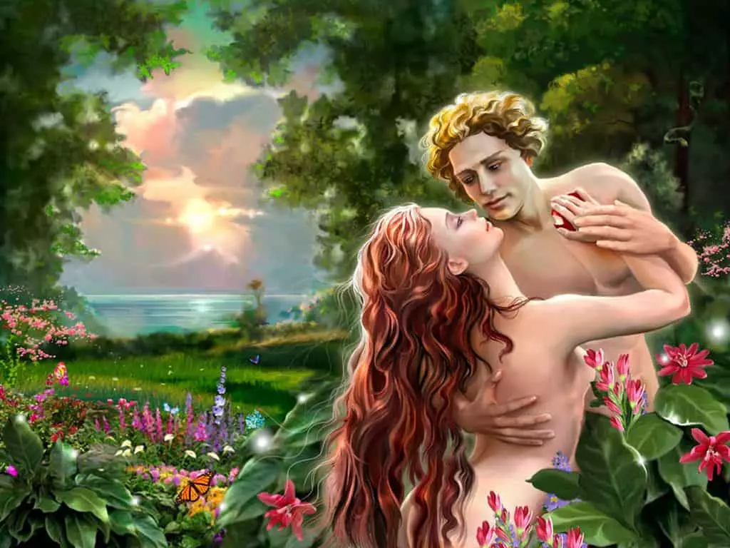 Eva seduced Ādams, lai nobaudītu aizliegto augli