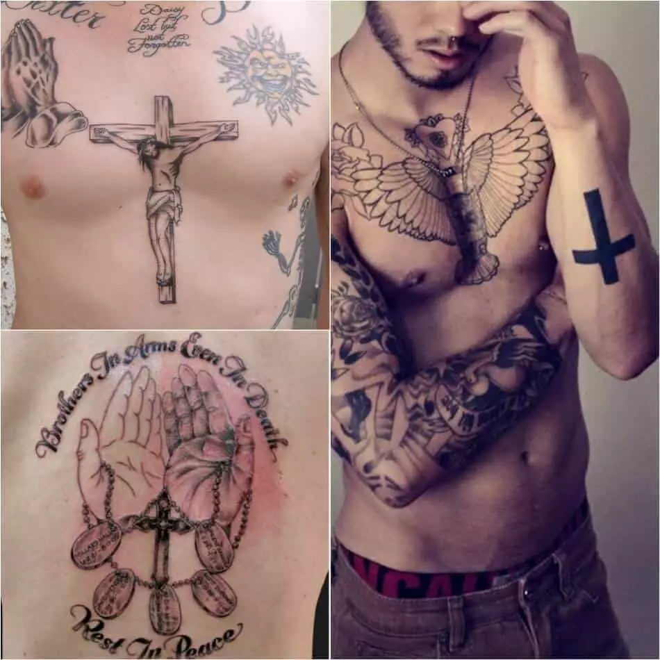 男の写真からの十字架を持つタトゥー